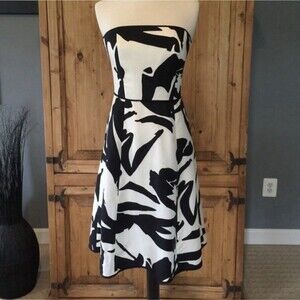 Black White Abstract Strapless Bandeau A-Line Knee Length Dress Women